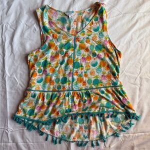 Crown & Ivy Multicolor Pineapple Tank Top with Fringe